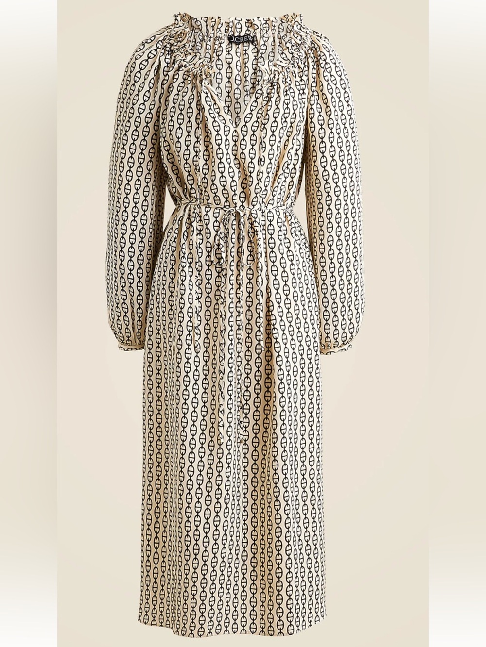 J. Crew Ruffleneck Midi Dress Vintage Chain Link Print Pockets Gathered Neck XS